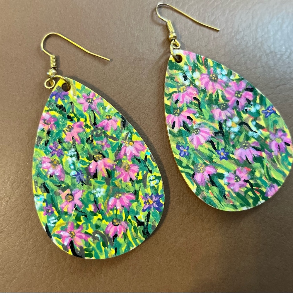 Floral Teardrop Earrings - Pink and Green